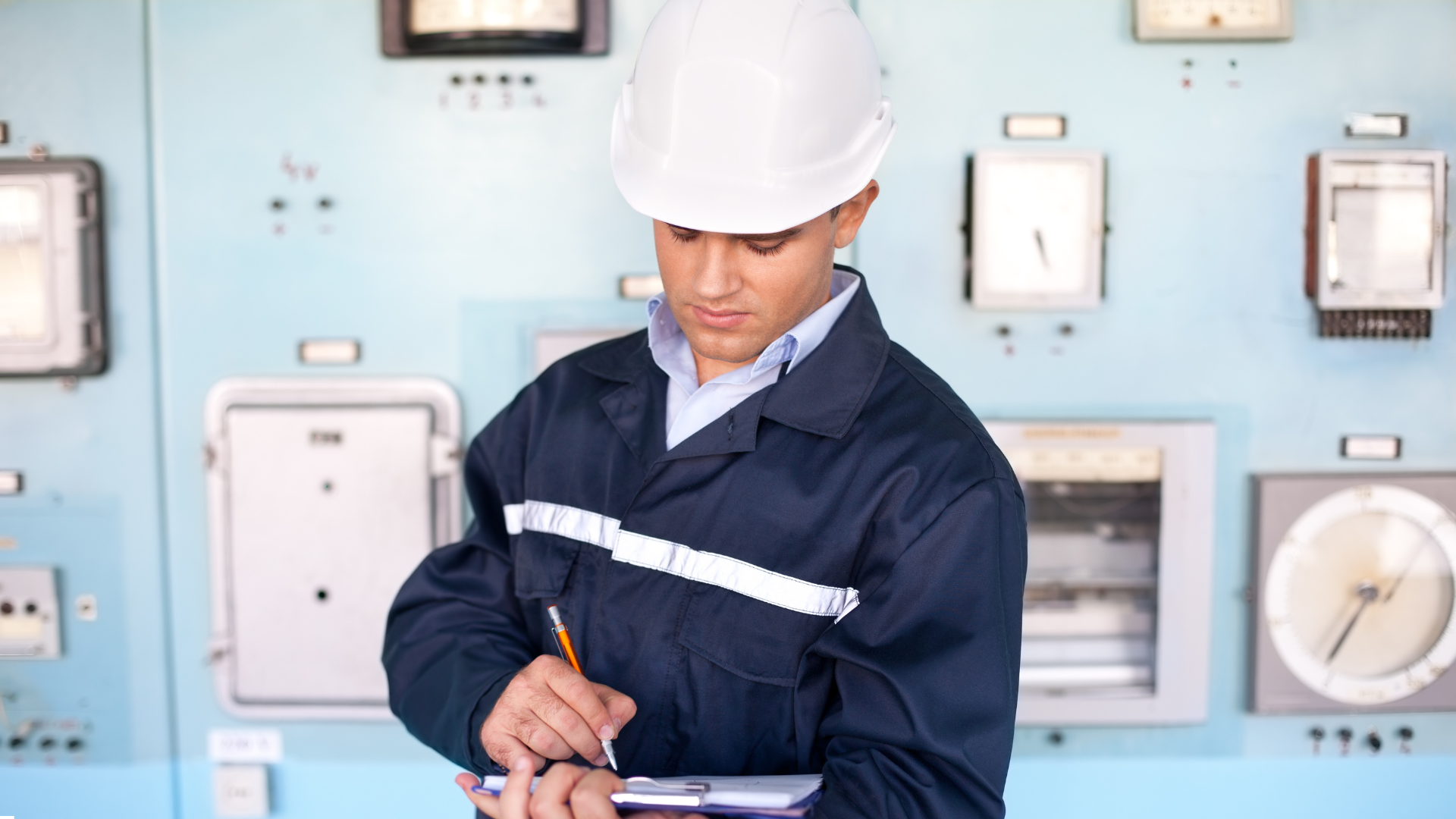 A person in a blue uniform writing on a clipboard